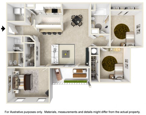 Floor plan for 3 beds, 2 baths, 1323 sqft